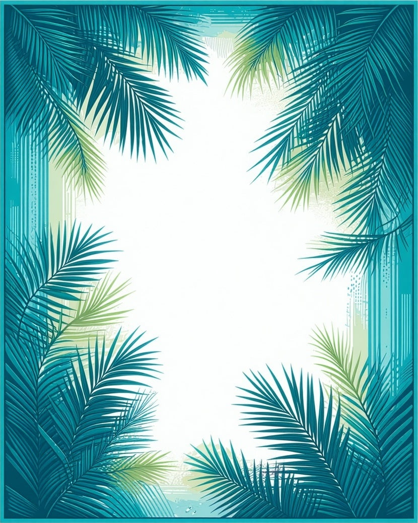 Tropical Palm Leaf Teal Border Rug