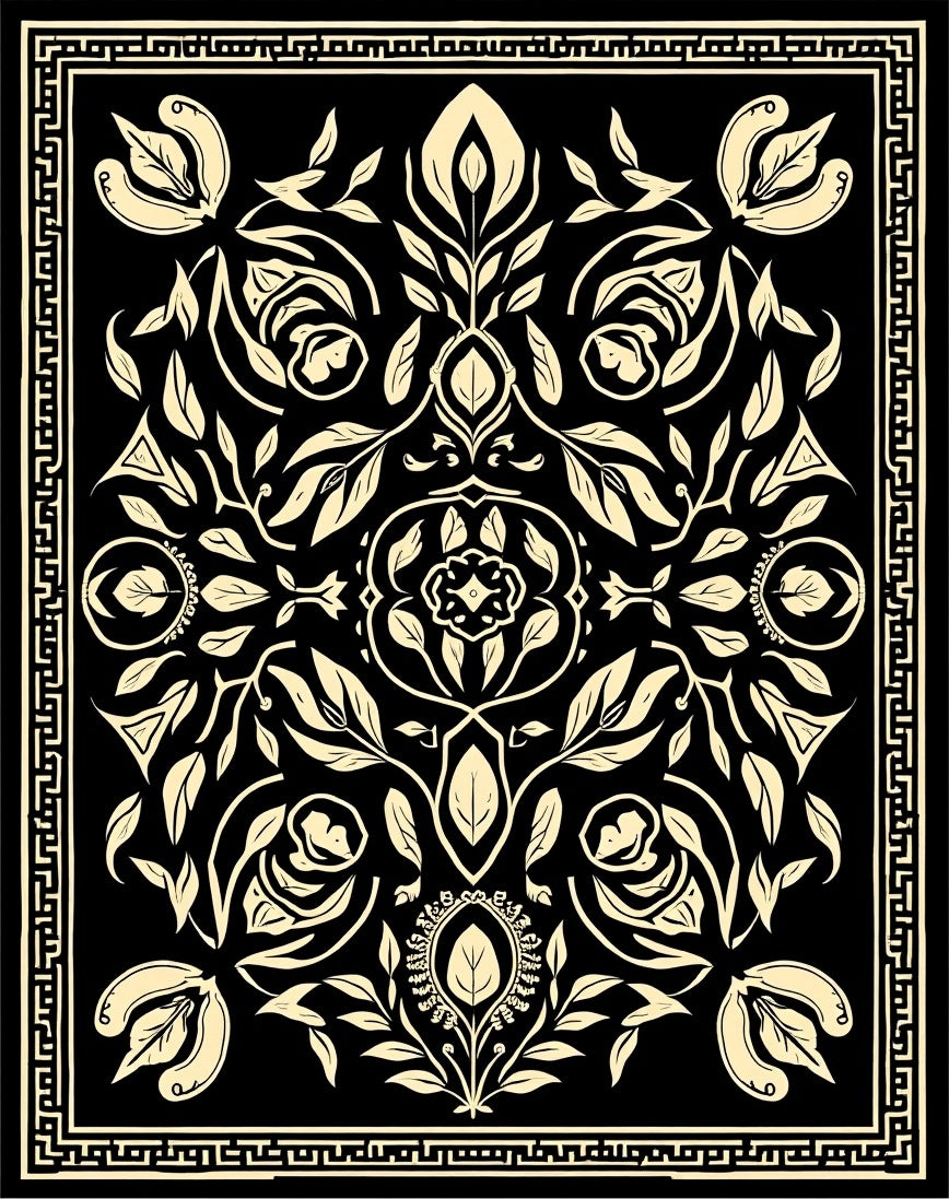 Scrolled Floral Cream Black Design Rug