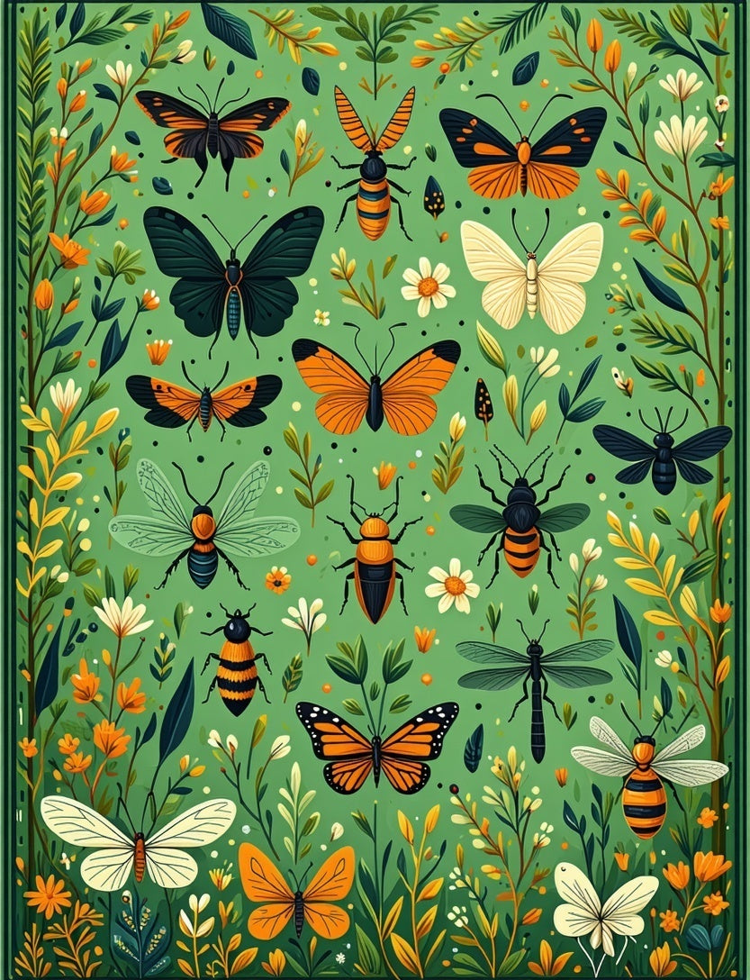 Whimsical Insect and Floral Nature Design Rug
