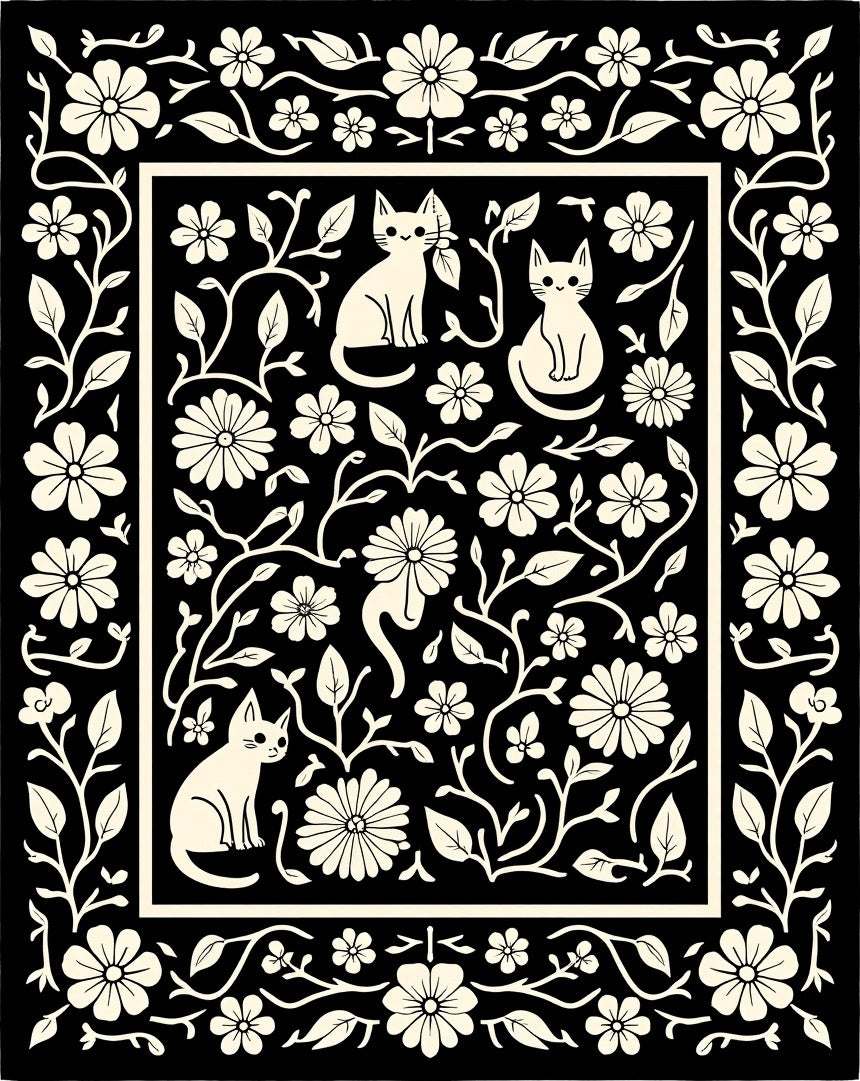 Whimsical Floral Kitten Silhouette Pattern Rug