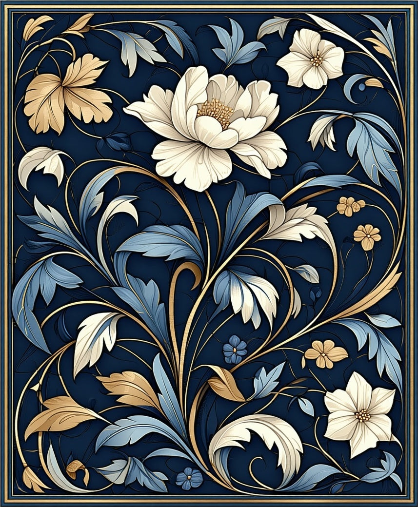 Elegant Navy Floral Scroll Pattern Rug