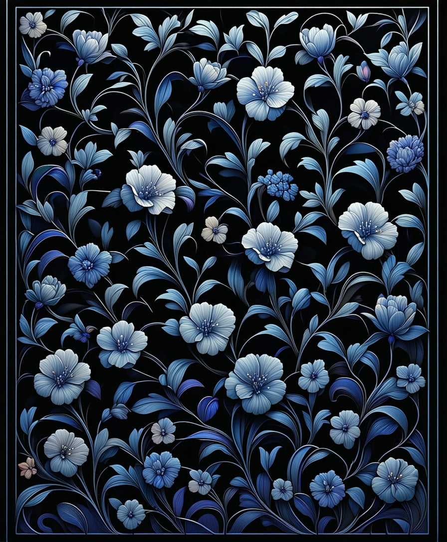 Midnight Blues Floral Vine Pattern Rug