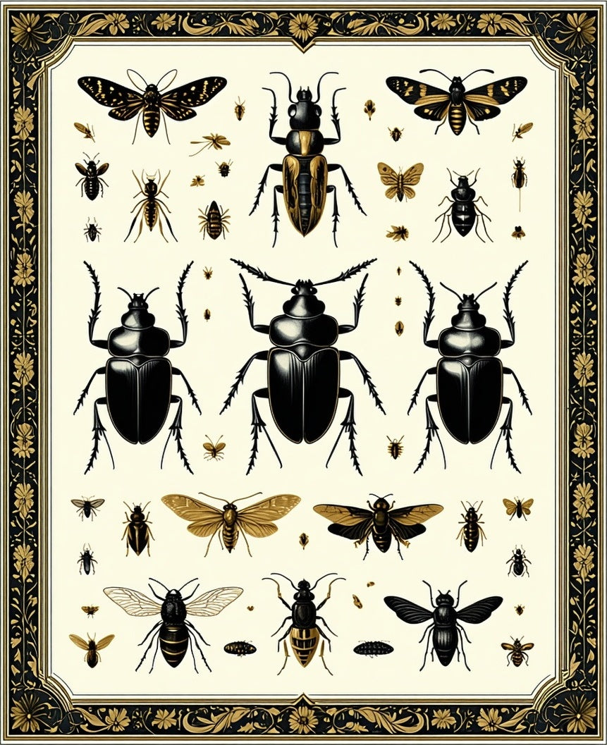 Insect Botanical Golden Frame Design Rug