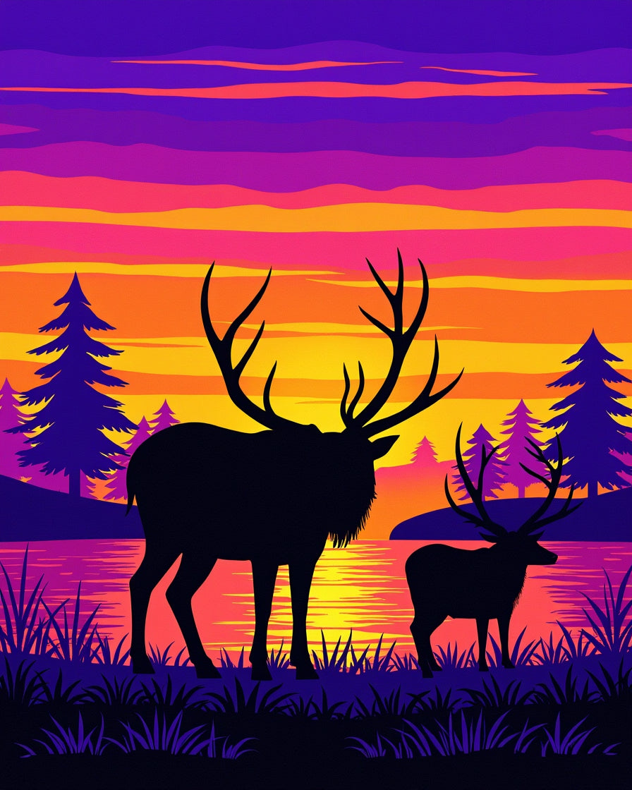 Vibrant Sunset Elk Landscape Design Rug