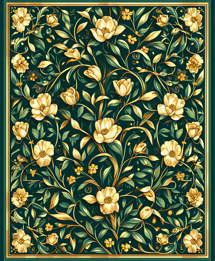 Golden floral pattern on dark green background Rug