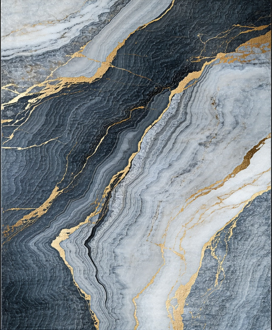 Abstract Blue Gold Veined Marble Pattern Rug