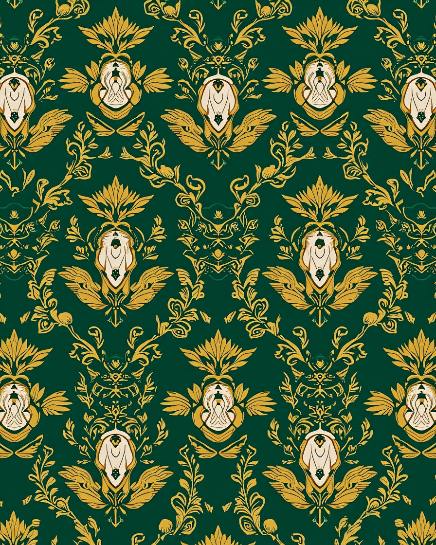 Elaborate Gold Green Damask Pattern Rug