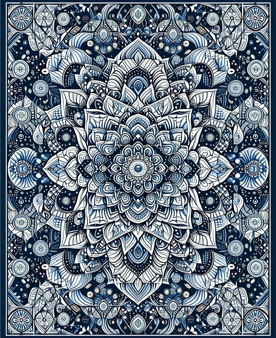 Intricate Blue White Mandala Pattern Rug