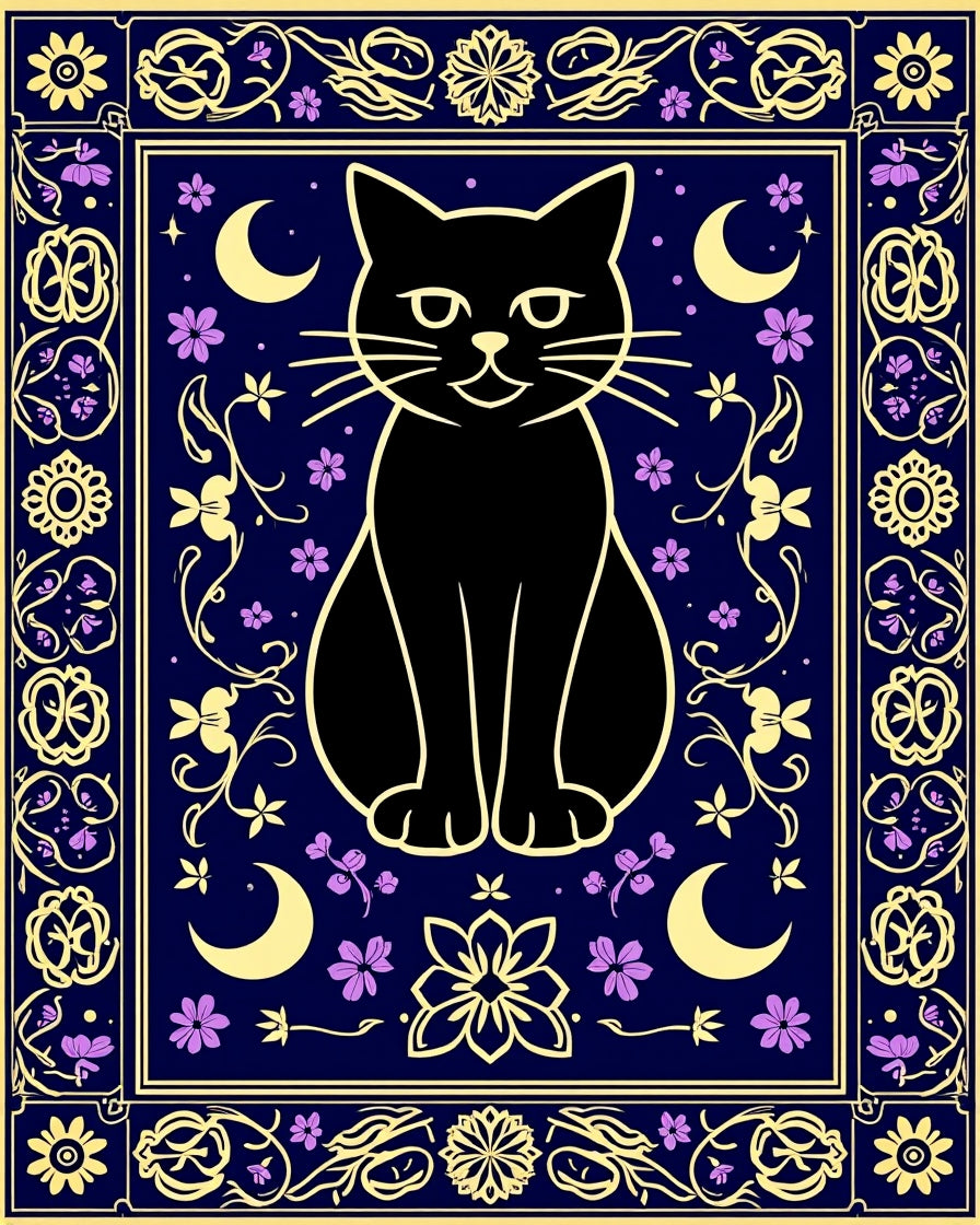 Whimsical Black Cat Moon Floral Design Rug