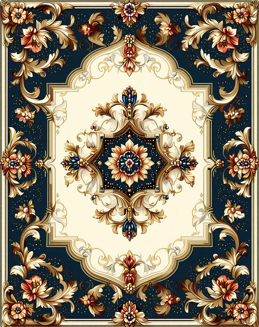 Ornate Floral Gold Scrollwork Rug