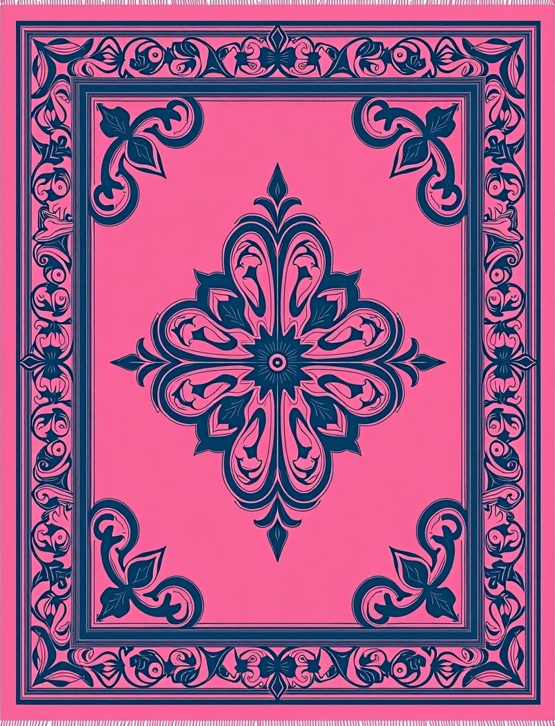 Pink Blue Floral Medallion Border Rug