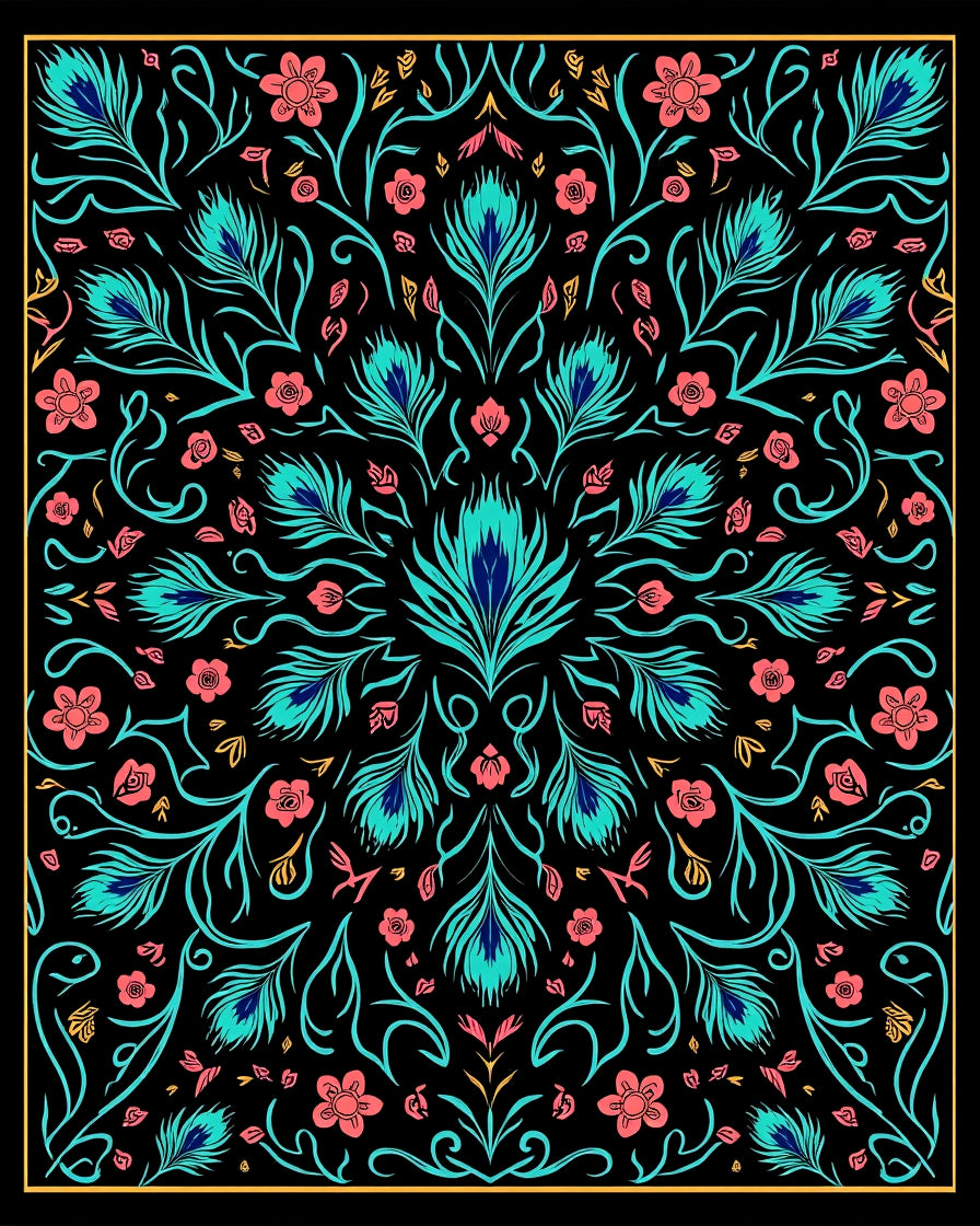Vibrant Peacock Feather Floral Pattern Rug