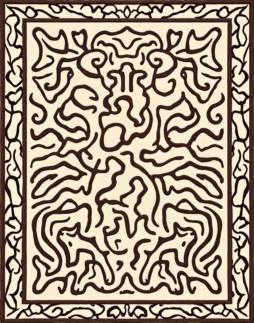 Cream and Brown Abstract Maze Rug
