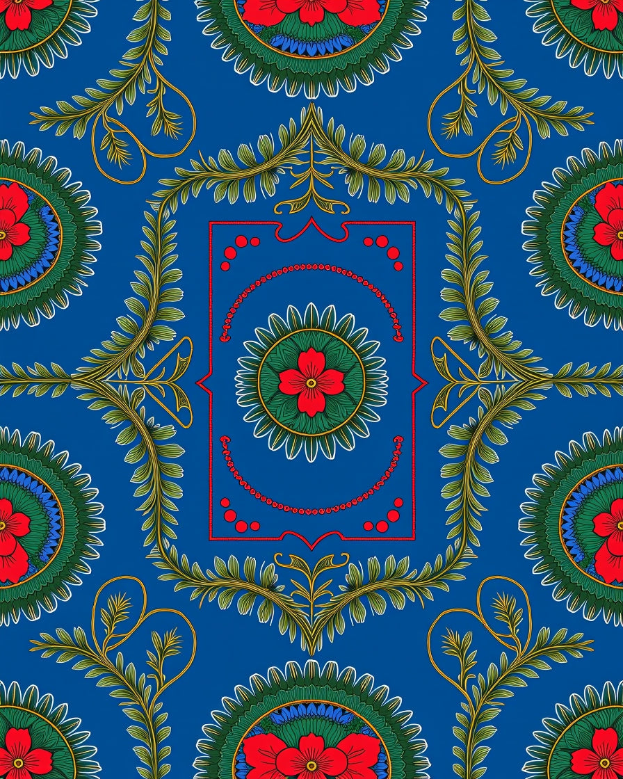 Vibrant Blue Red Floral Medallion Scroll Rug