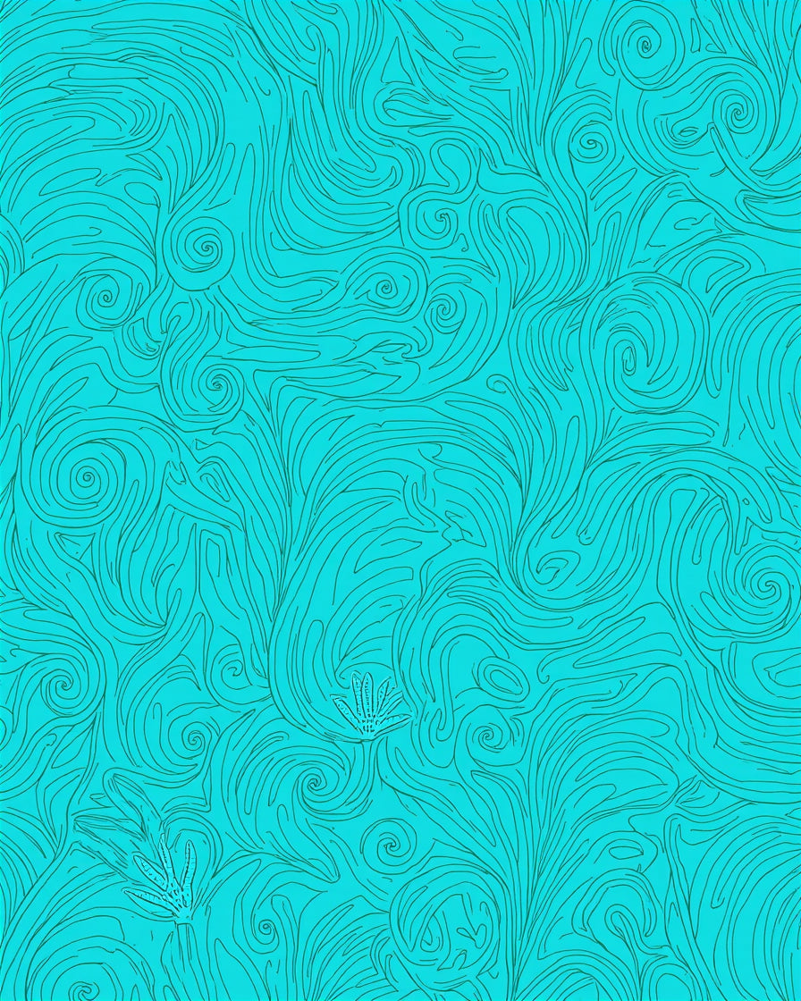 Turquoise Swirling Floral Line Art Rug