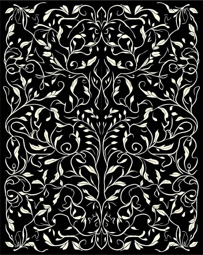 Ornate Black and White Floral Vines Rug