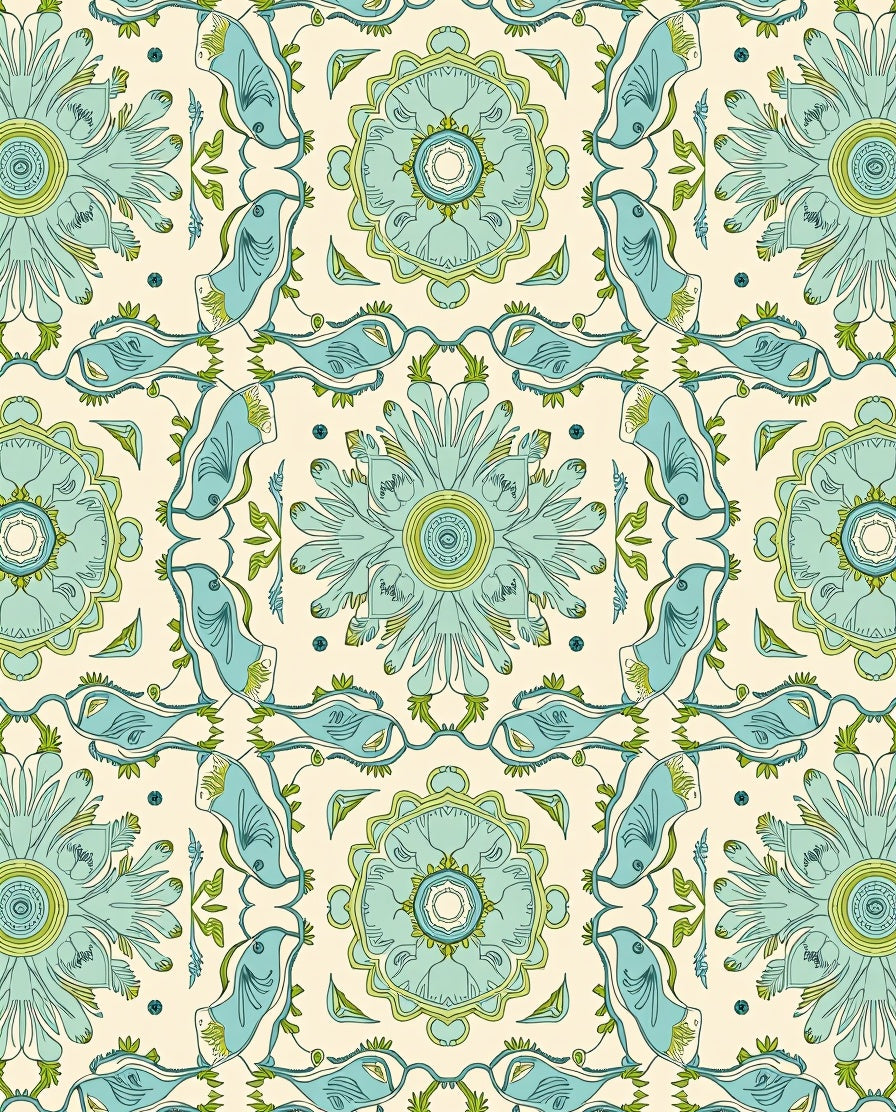 Seafoam Blue Bird Floral Medallion Rug