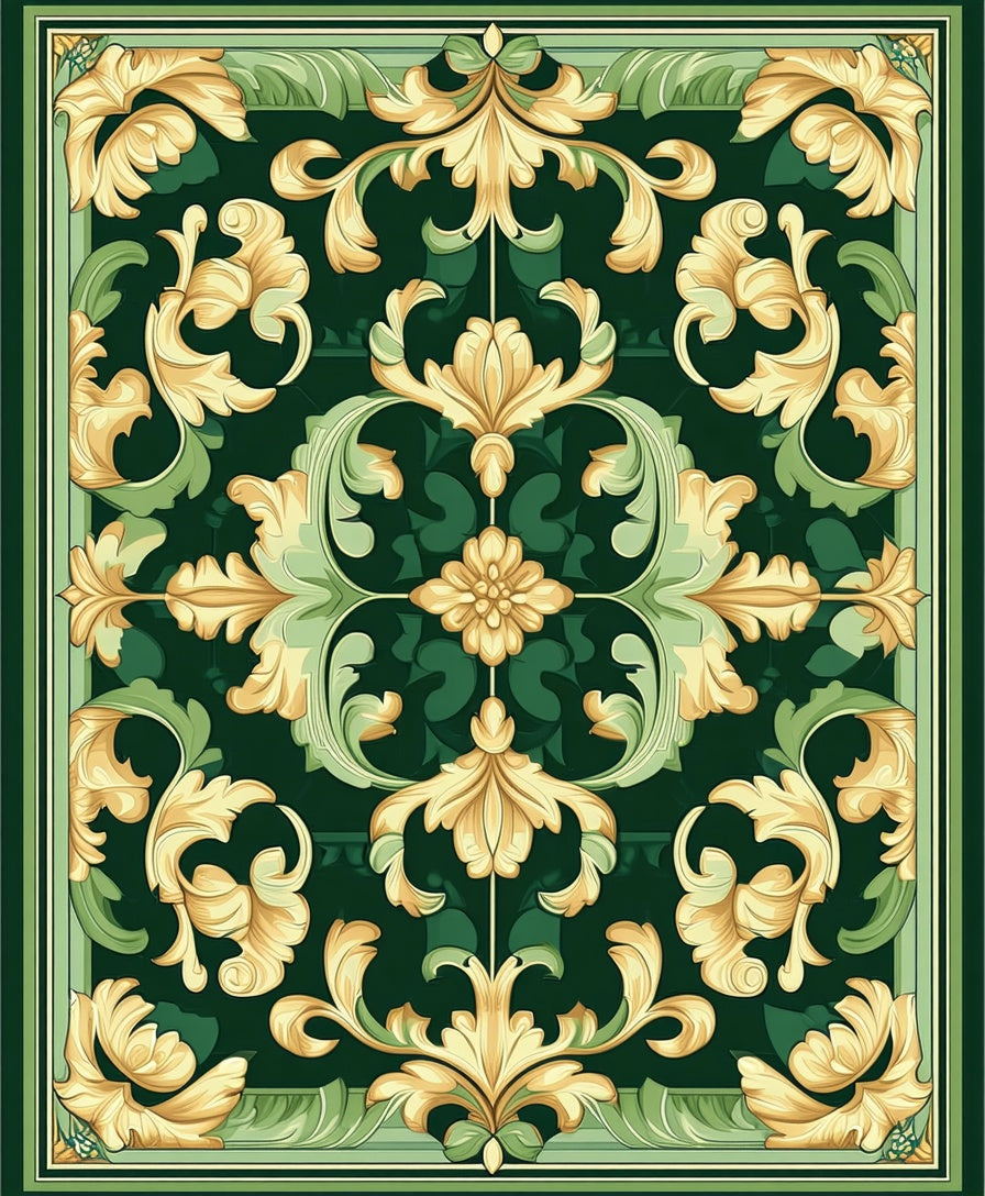Emerald Green Gold Floral Scroll Rug