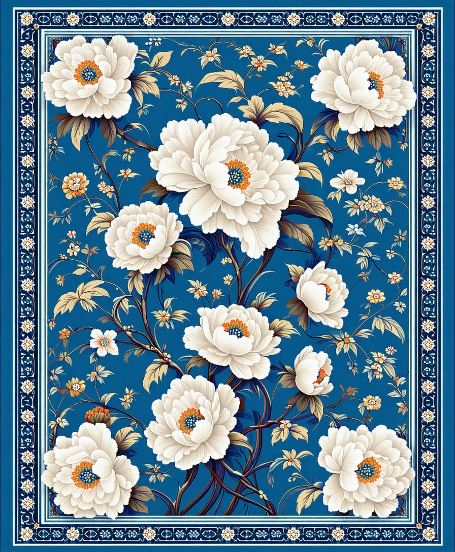 Elegant White Peony Floral Pattern Rug