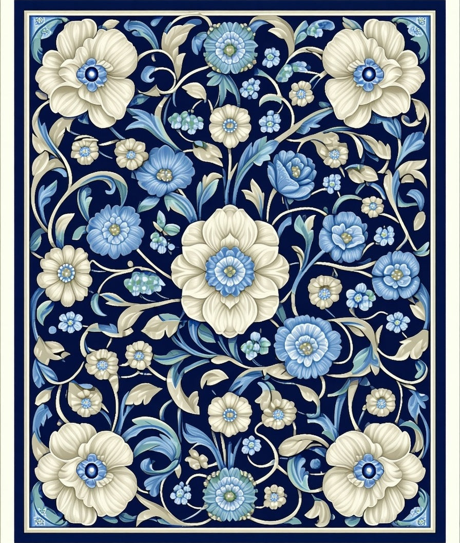 Floral Scrollwork Blue Ivory Design Rug