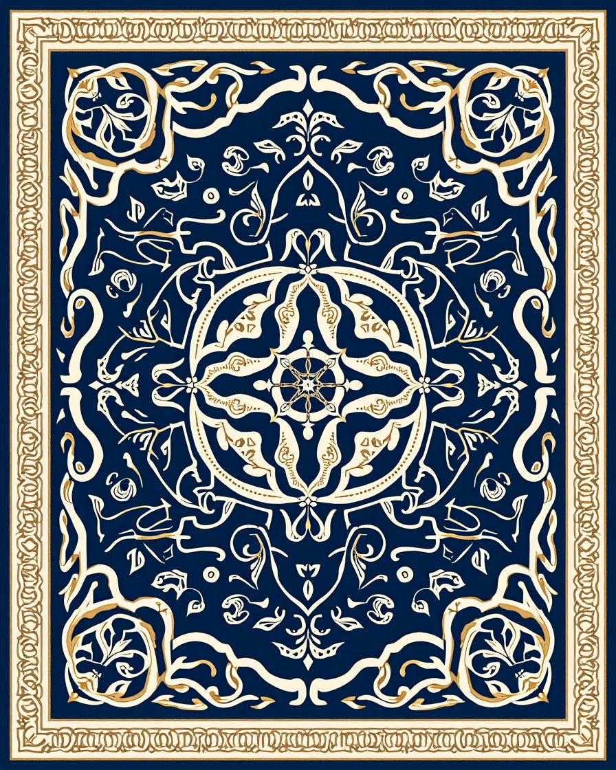 Elegant Blue Gold Floral Mandala Design Rug