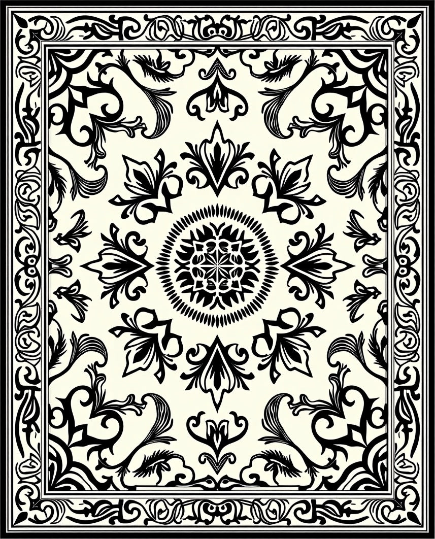 Elegant Black Ivory Damask Pattern Rug