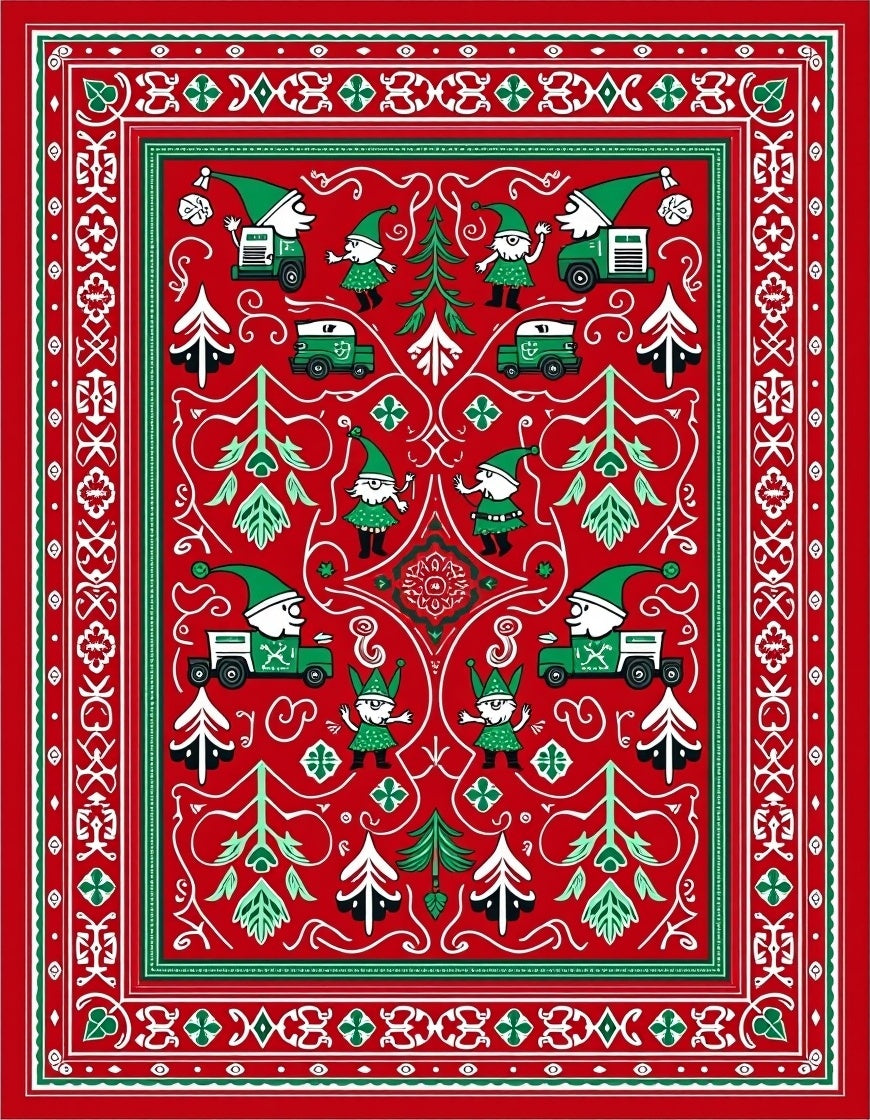 Red Green Christmas Gnome Truck Border Rug