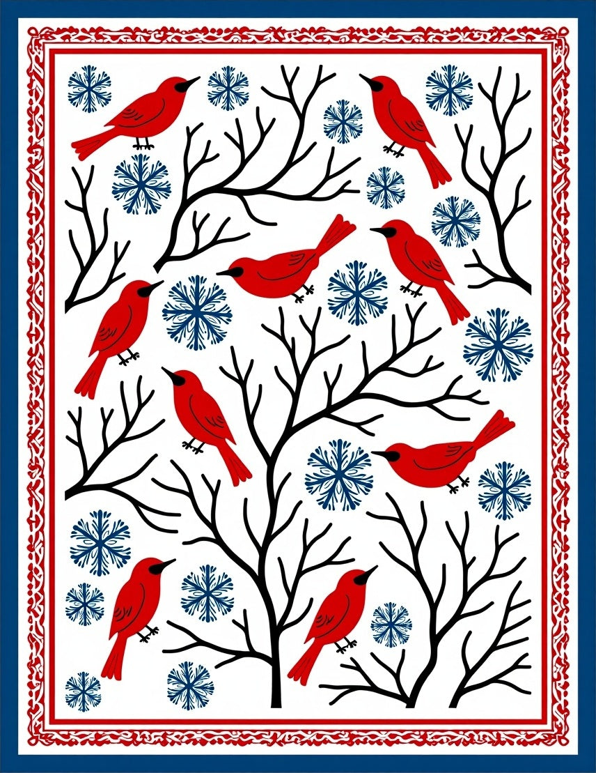 Red Birds Blue Snowflakes Tree Branches Rug