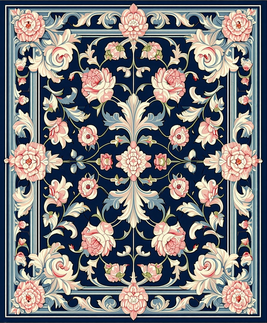 Vintage Floral Scroll Navy Rug