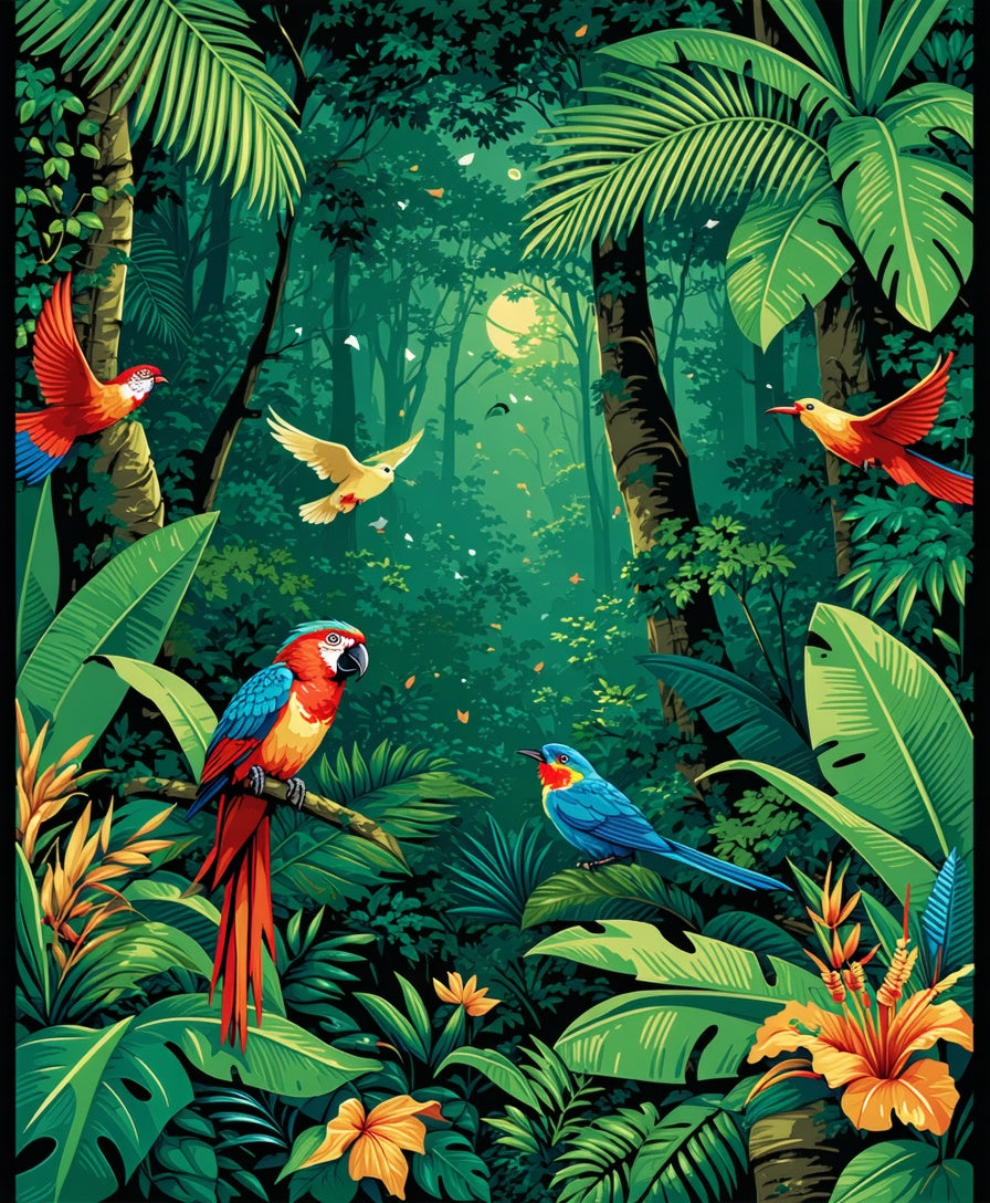 Tropical Forest Birds In Vibrant Greenery Rug