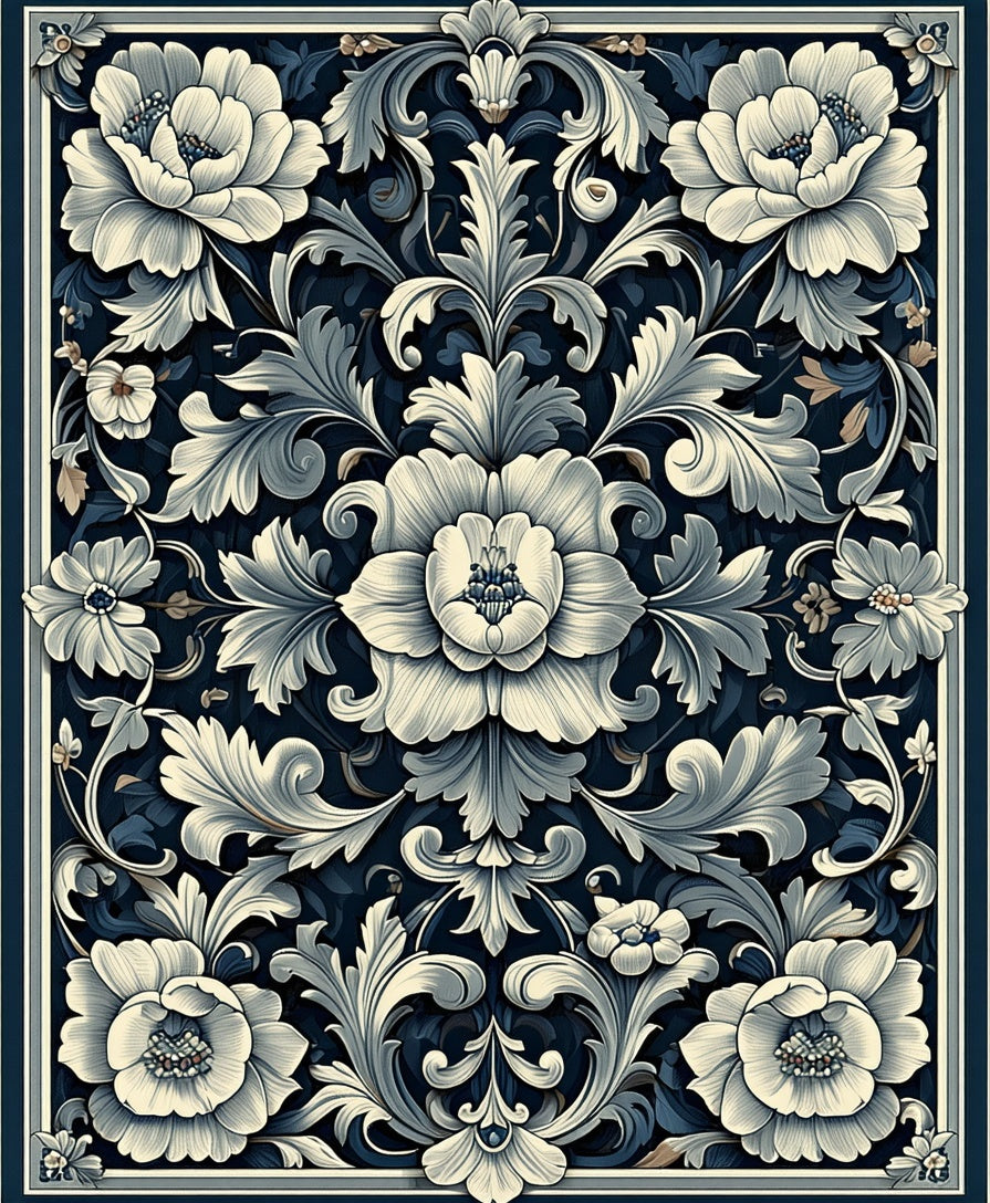 Detailed Floral Accents Dark Navy Rug
