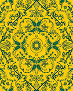 Yellow Green Floral Damask Pattern Rug