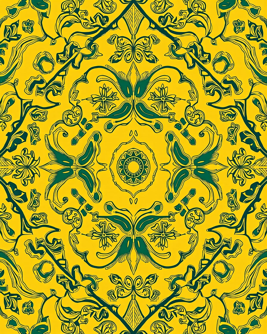 Yellow Green Floral Damask Pattern Rug