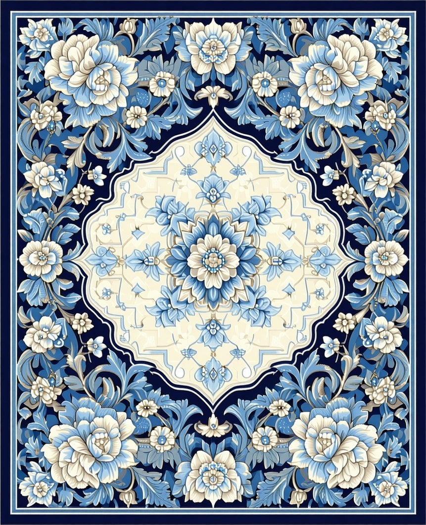Floral Medallion Pattern Blue Cream Design Rug