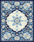 Floral Medallion Pattern Blue Cream Design Rug