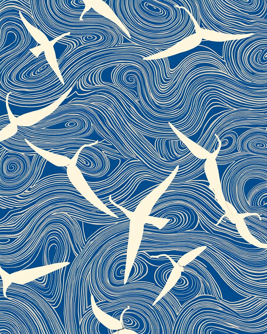 Blue Swirling Waves Birds Design Rug