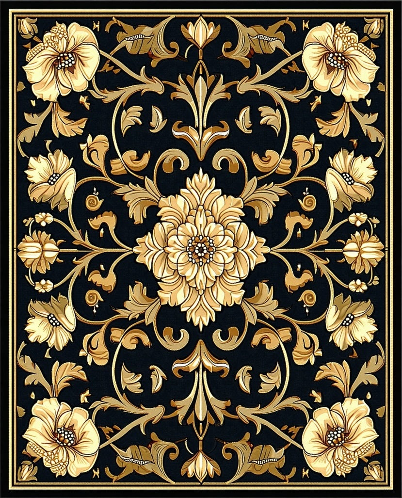 Ornate Floral Vine Black Gold Rug