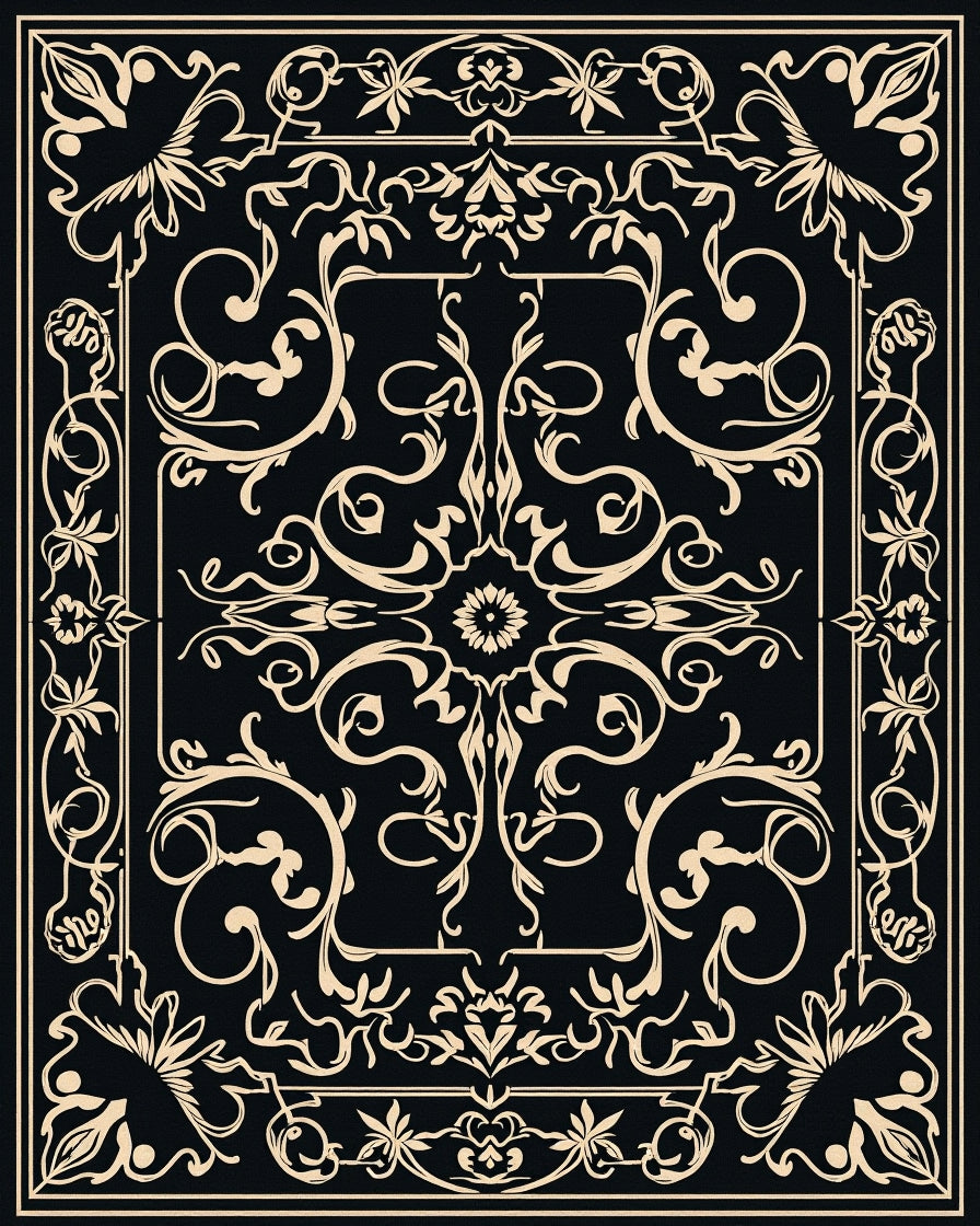 Ornate Black White Floral Scrollwork Rug
