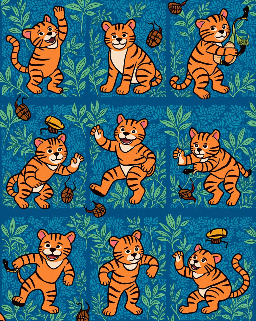 Whimsical Tiger Pattern With Greenery Rug