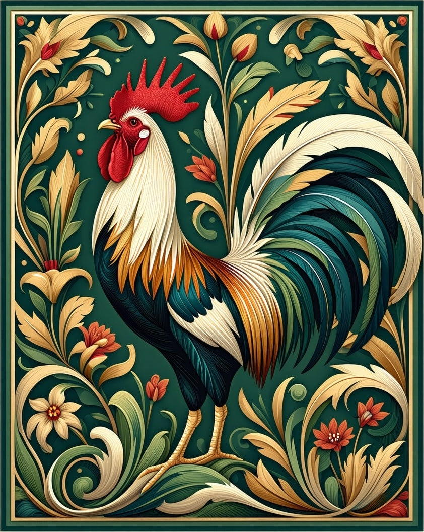 Majestic Rooster Floral Vintage Rug