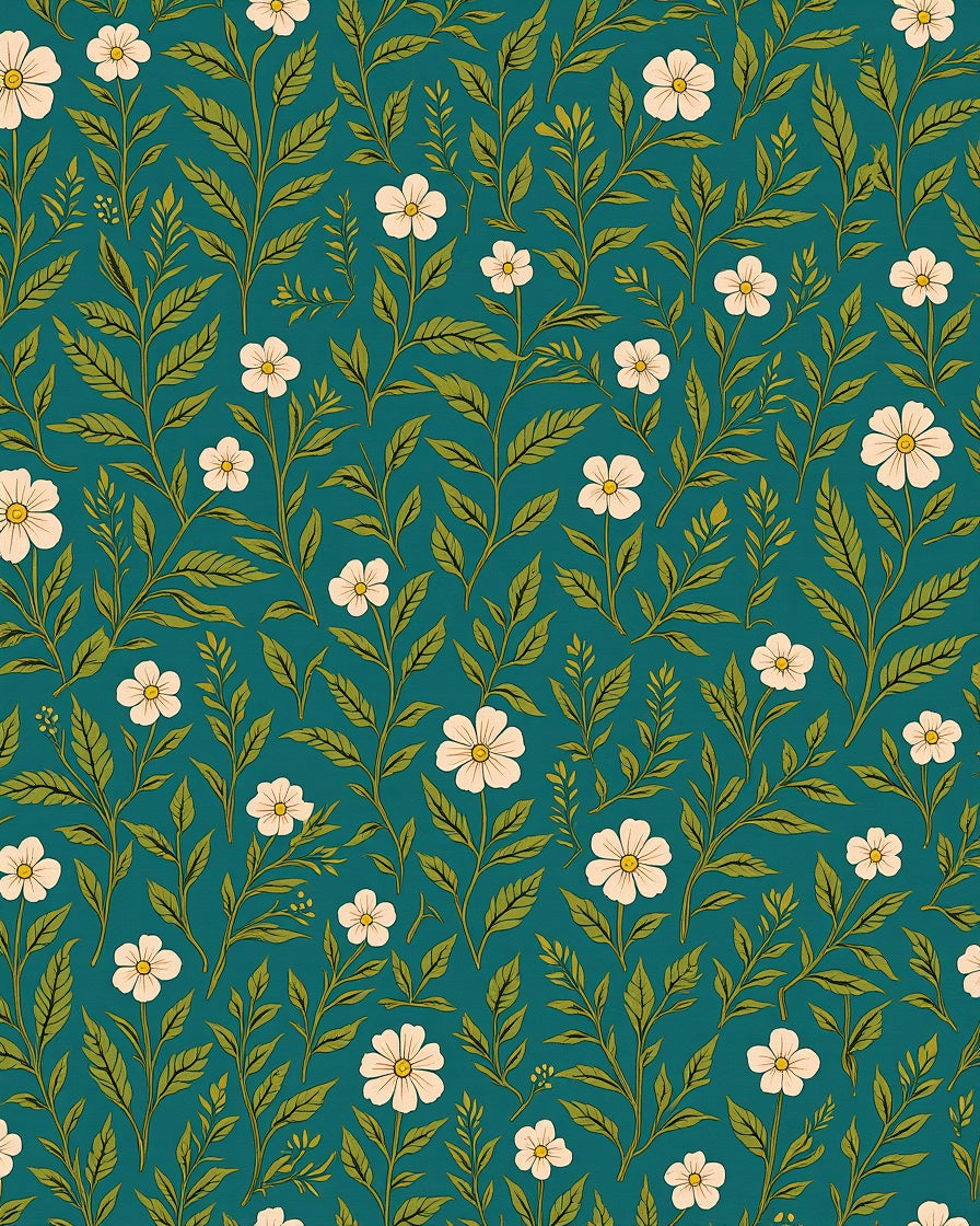 Teal Floral Botanical Vines Pattern Rug