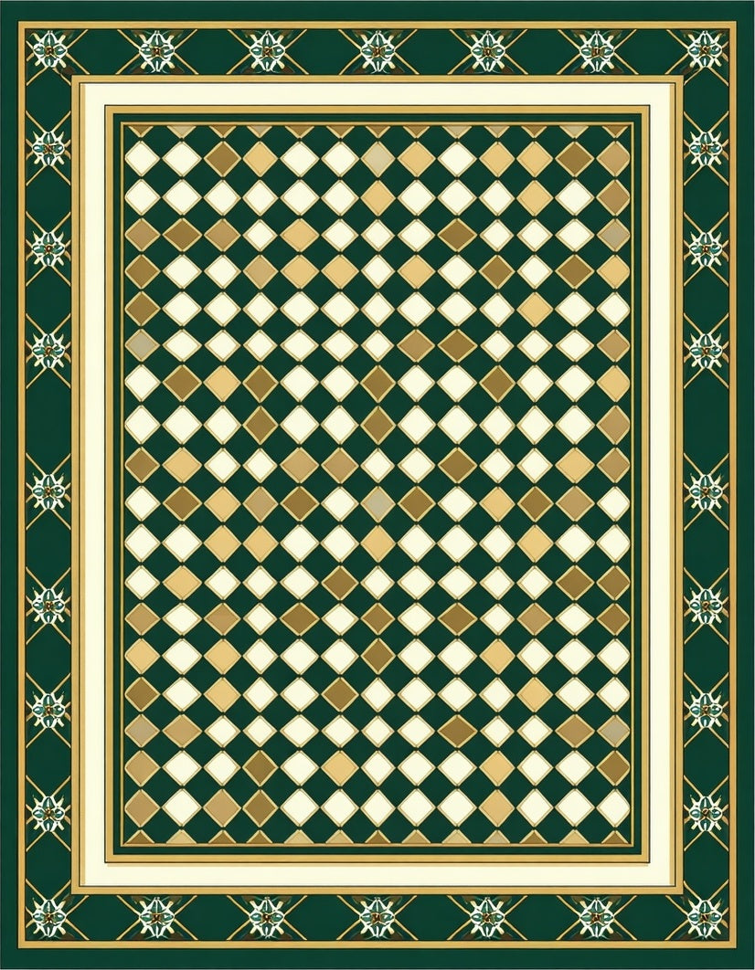 Green Gold Cream Diamond Pattern Rug