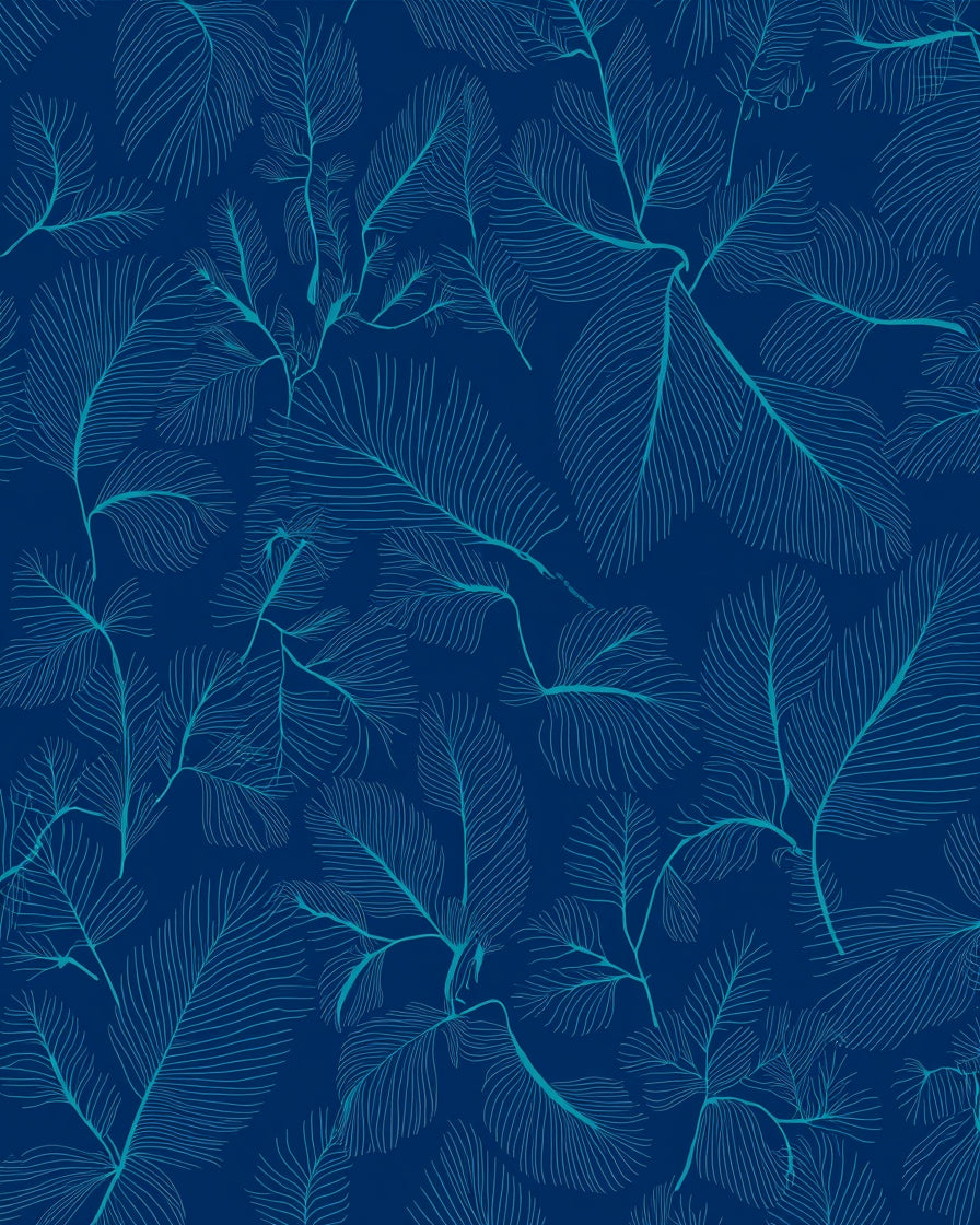 Deep Blue Feather Branch Pattern Rug