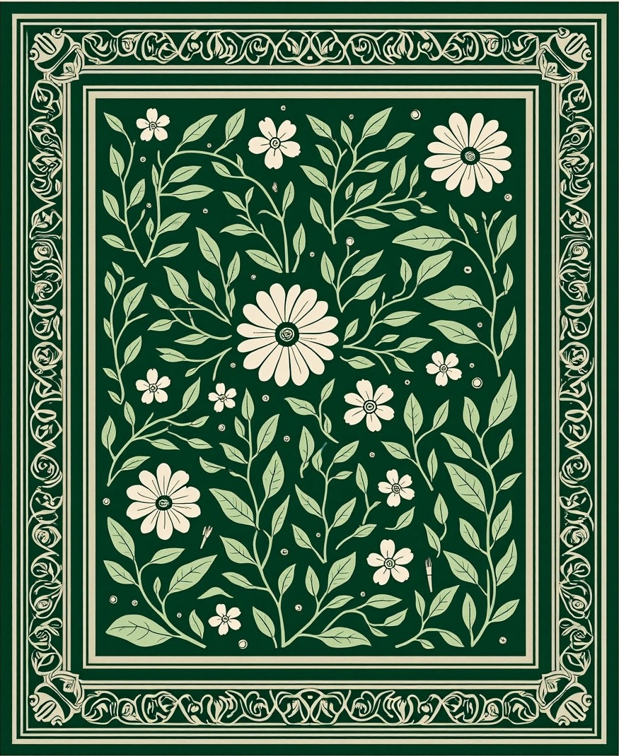 Dark Green Floral Botanical Rug