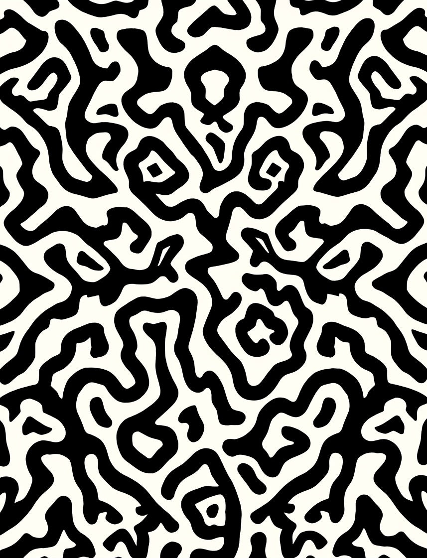 Black White Organic Maze Pattern Rug