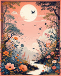 Floral Serene Landscape Birds Mountains Rug