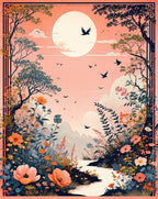 Floral Serene Landscape Birds Mountains Rug