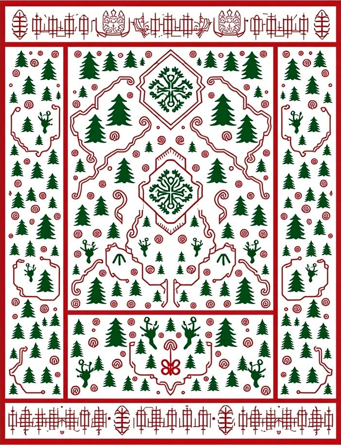 Red Green Christmas Forest Scene Rug