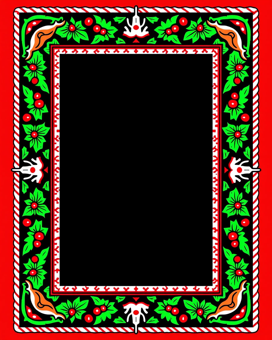 Vibrant Red Holly Folk Art Border Rug