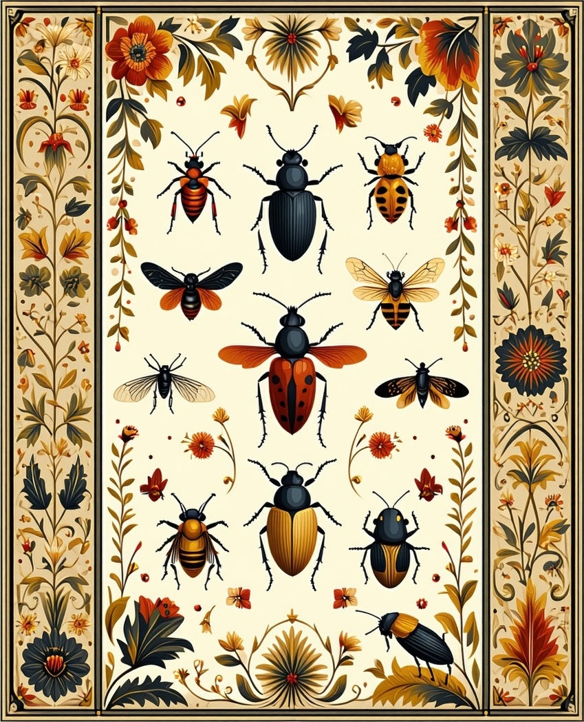 Antique Insect Floral Print Rug